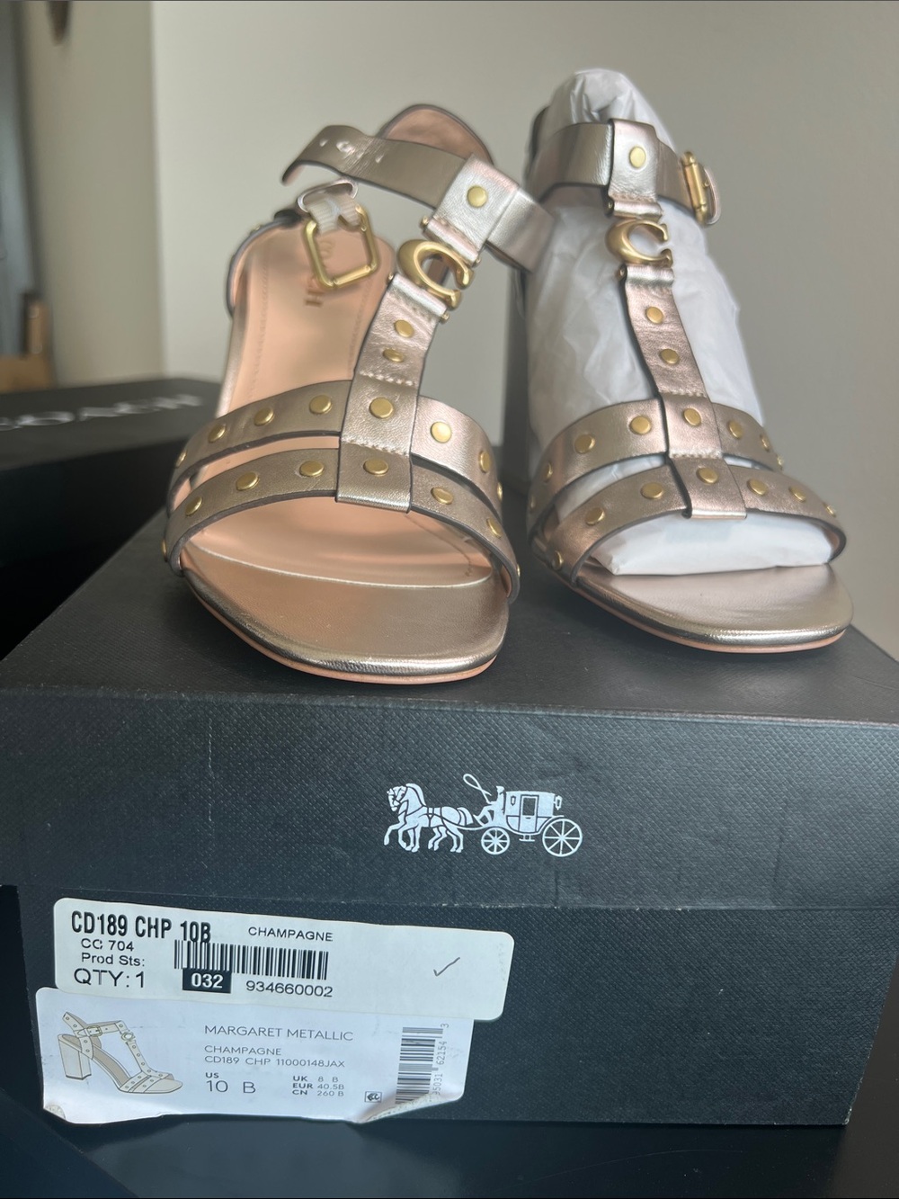 Coach Margaret Metallic Champagne Studded Sandals - Gold Accent